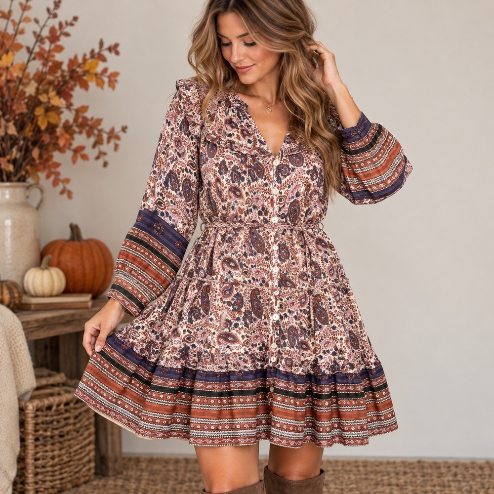 Cleobella Reign Paisley Mini Dress Sz XS Laurel Block Print Boho Tiered Cottage